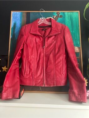 Danier Red Leather Moto Jacket Women’s XS Y2K Fitted Zip Biker Racer